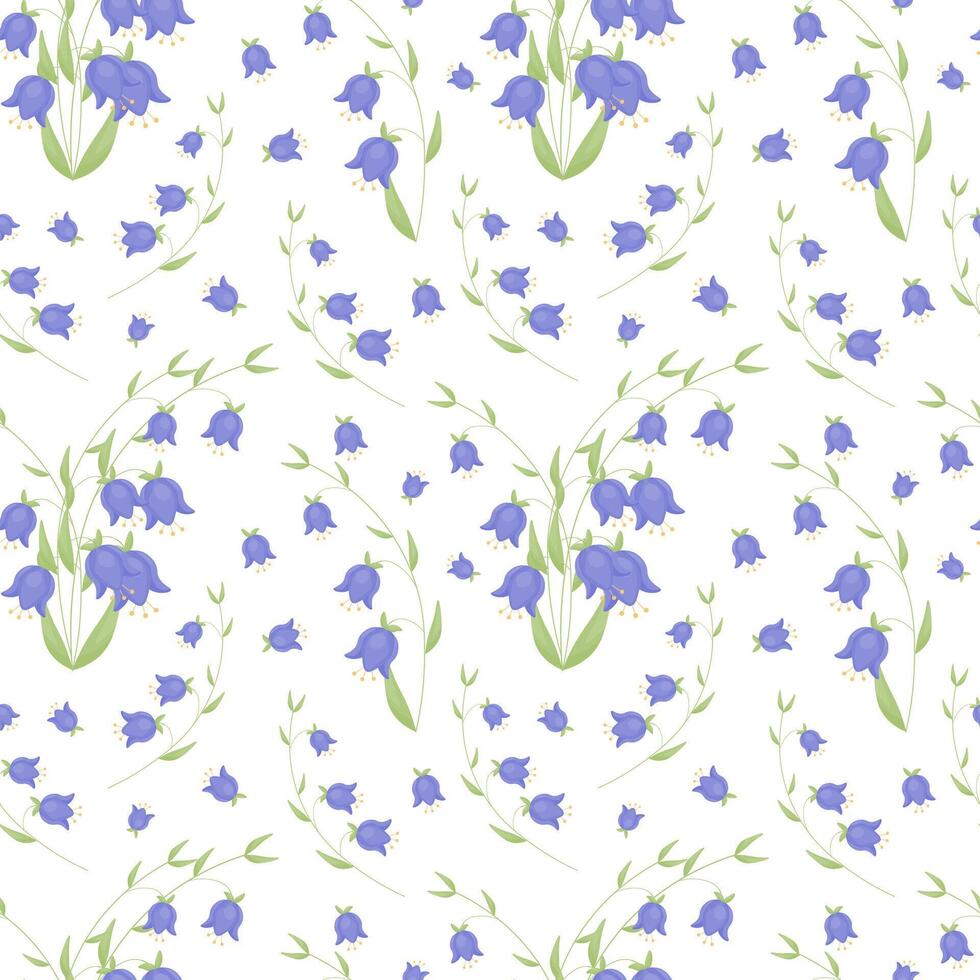 Vector seamless pattern with bell flowers on a white background. Flat vector illustration