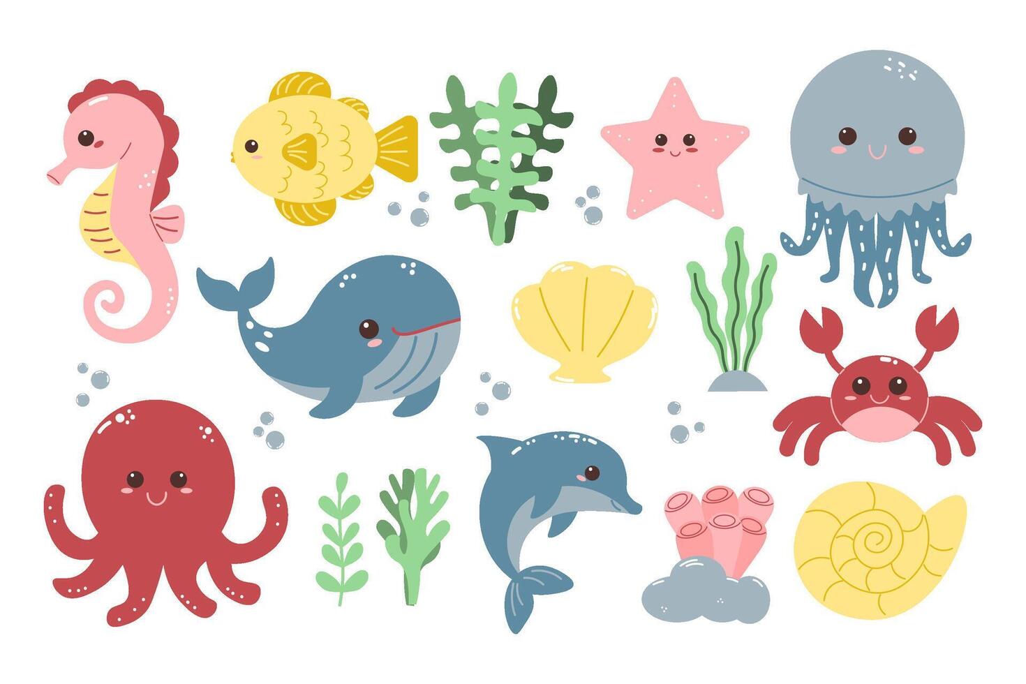 set of marine inhabitants. Different fish. Vector cartoon illustration.