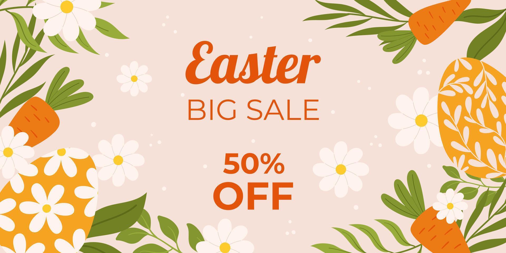 Easter sale horizontal background template for promotion. Design with painted eggs, flowers with leaves, carrot vector