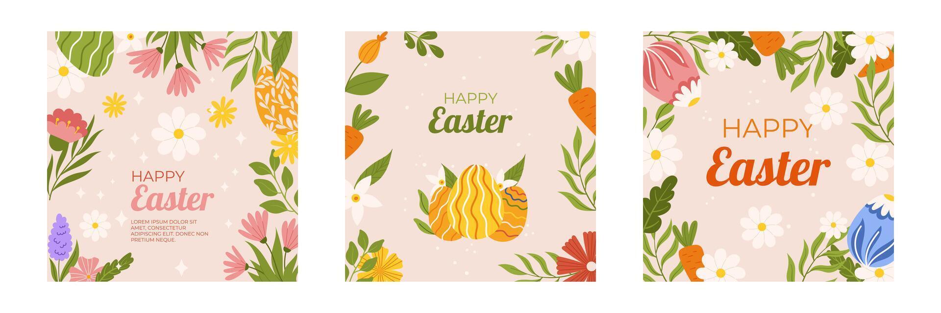 Easter collection of square social media post template. Design with floral frames, painted eggs, daisy and carrot. Hand drawn flat vector illustration