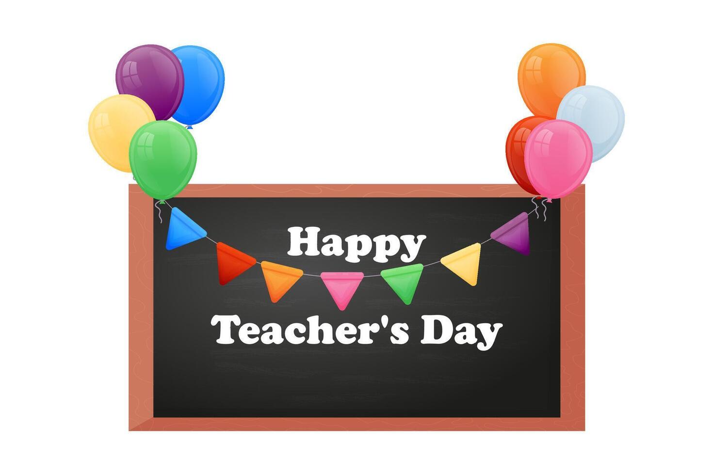 Happy Teacher's Day banner. Vector illustration. Chalkboard, colored balloons and flags on a white background.