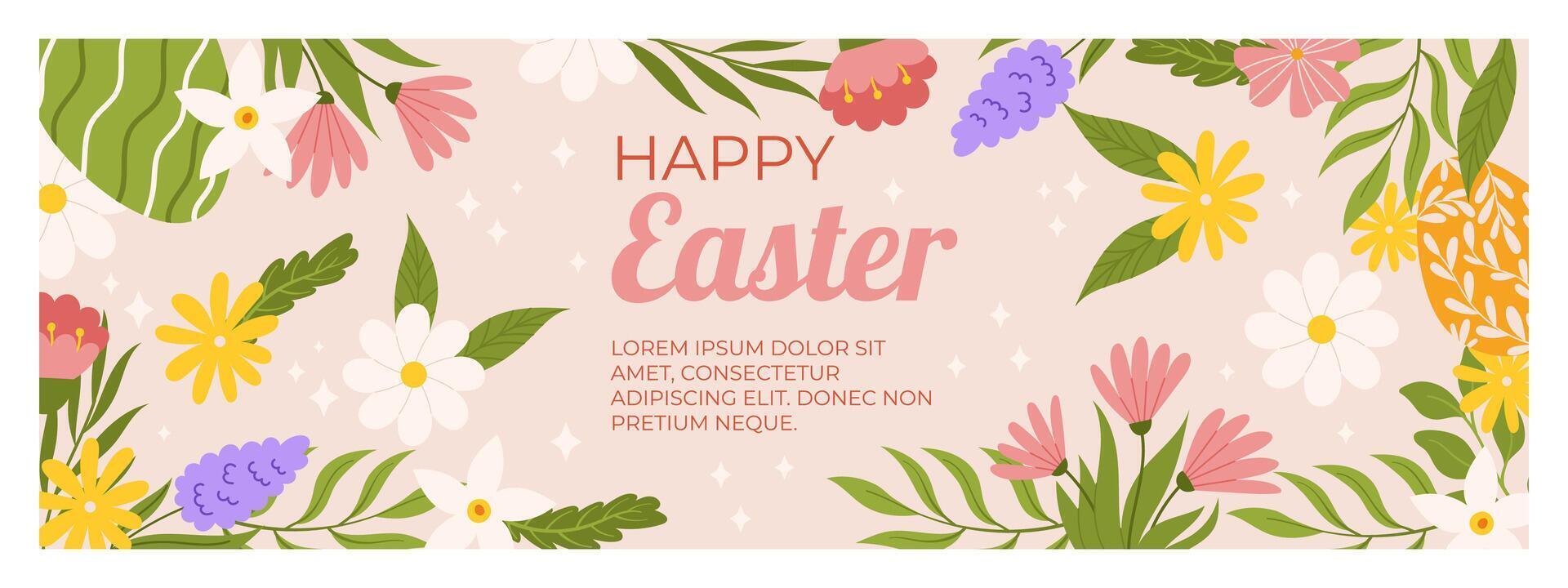Happy Easter horizontal banner template. Design with  painted eggs, flowers and leaves around vector