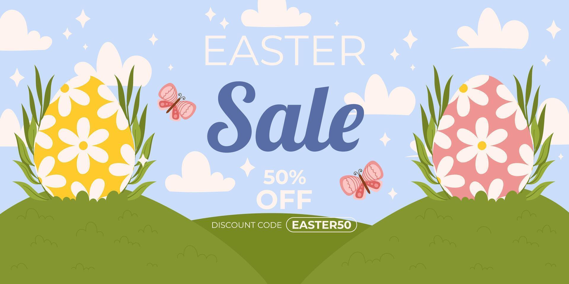 Easter sale horizontal background template for promotion. Design on sky blue background with green grass field, painted eggs and butterfly vector