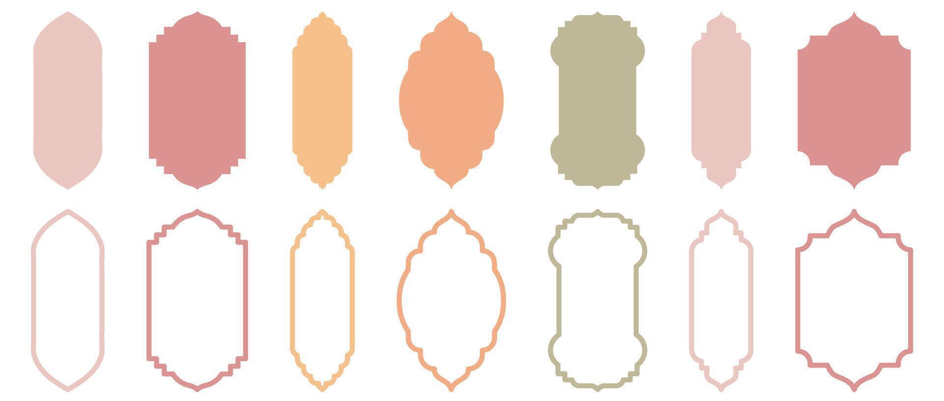 Compilation of traditional Islam window shapes. Set of Mosque Muslim frames in silhouette and outline. vector