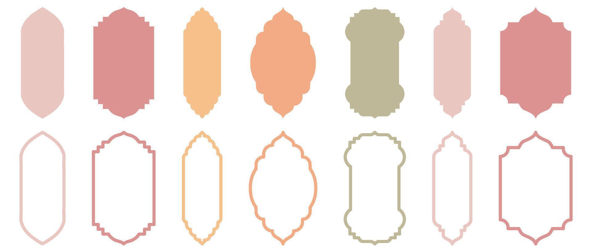 Compilation of traditional Islam window shapes. Set of Mosque Muslim frames in silhouette and outline. vector