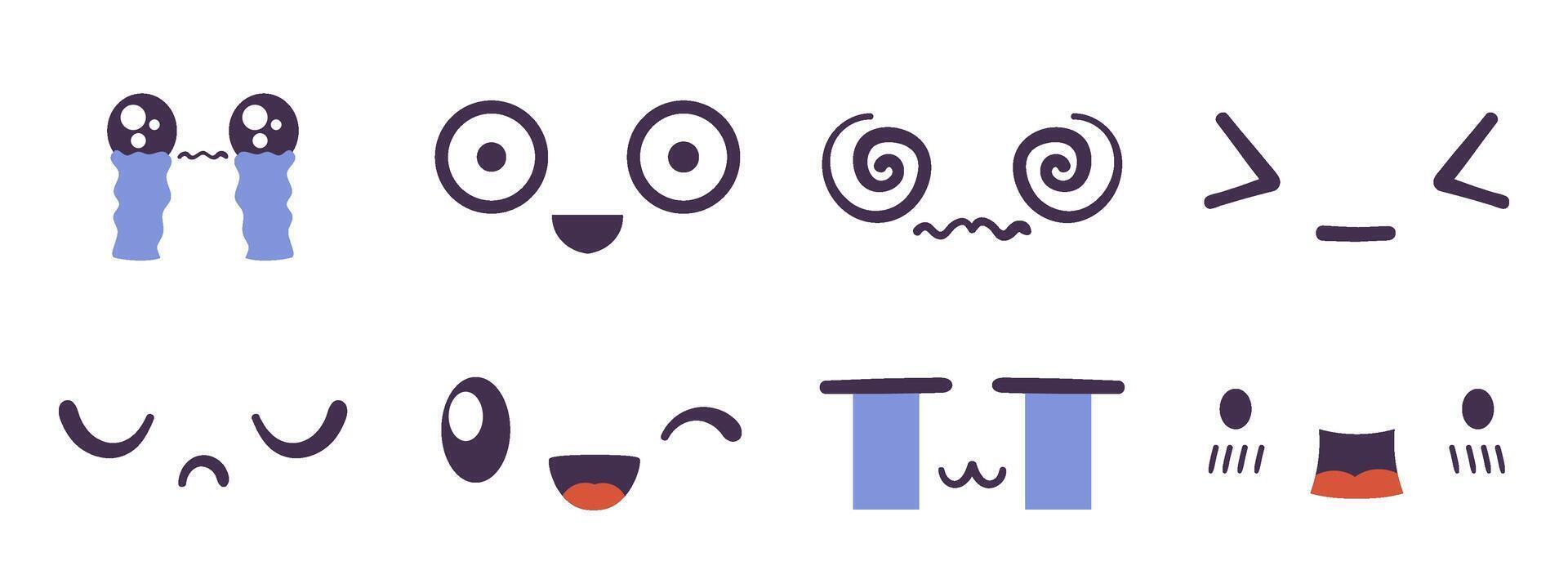 Kawaii face expressing emotion and mood collection. Flat hand drawn vector illustrations set in comic manga or anime style.