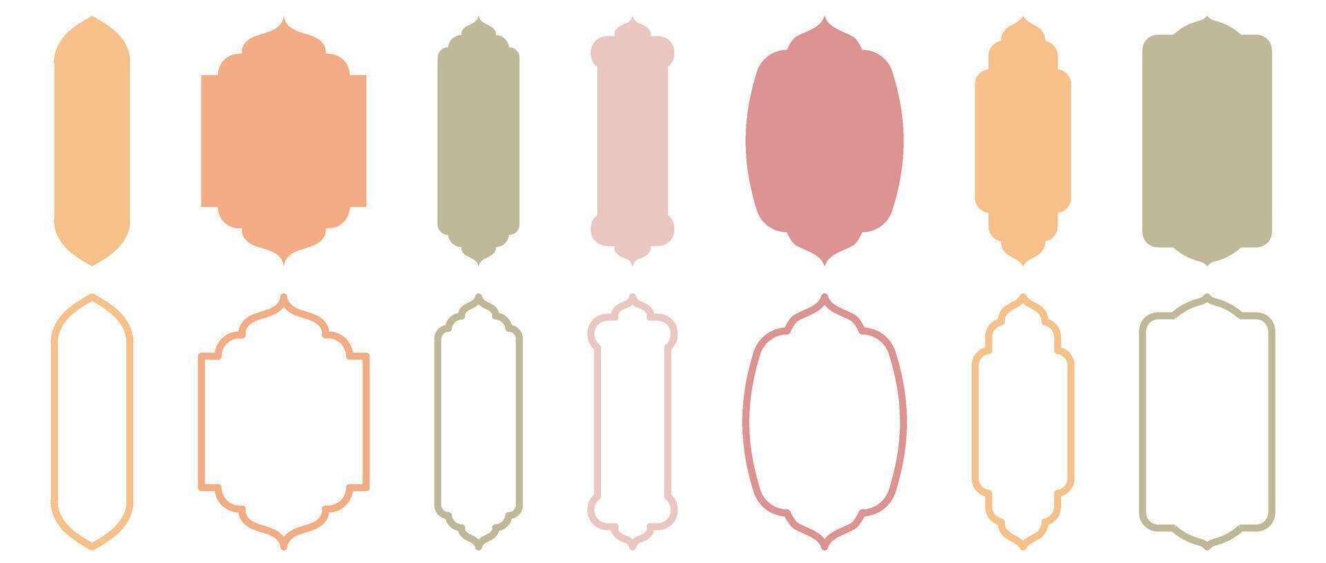 Assortment of Islam's traditional window designs. Collection of Mosque Muslim frames in both silhouette and outline. vector