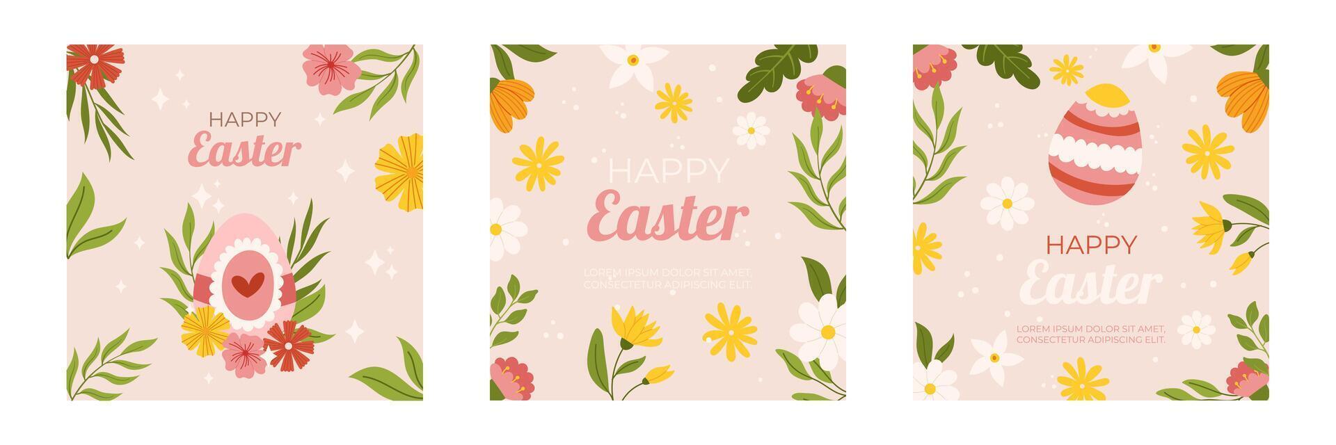 Easter collection of square social media post template. Design with flowers and painted eggs. Hand drawn flat vector illustration