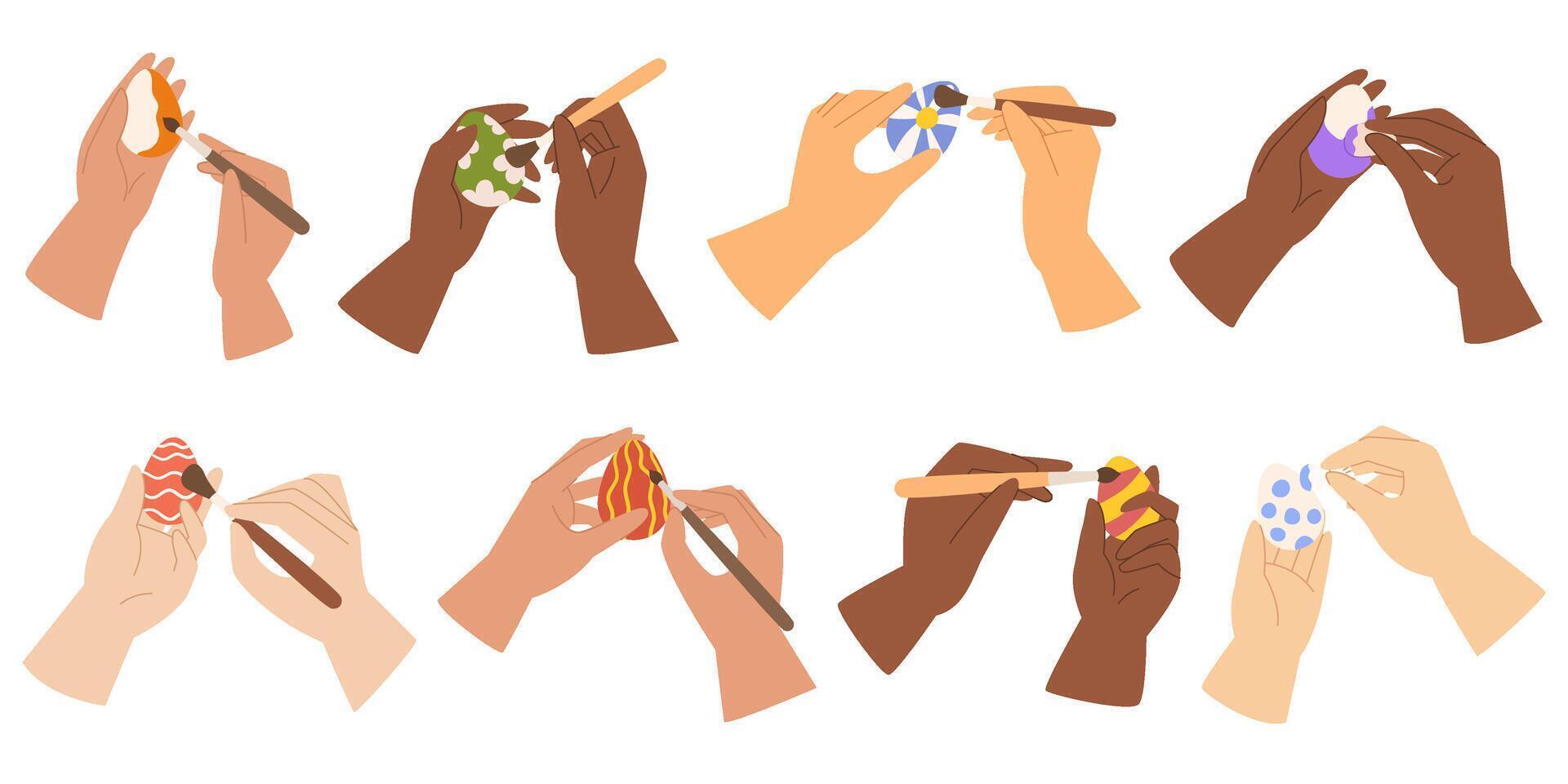 Collection with different hand that painting easter eggs. Painted egg holiday illustration. Vector flat style