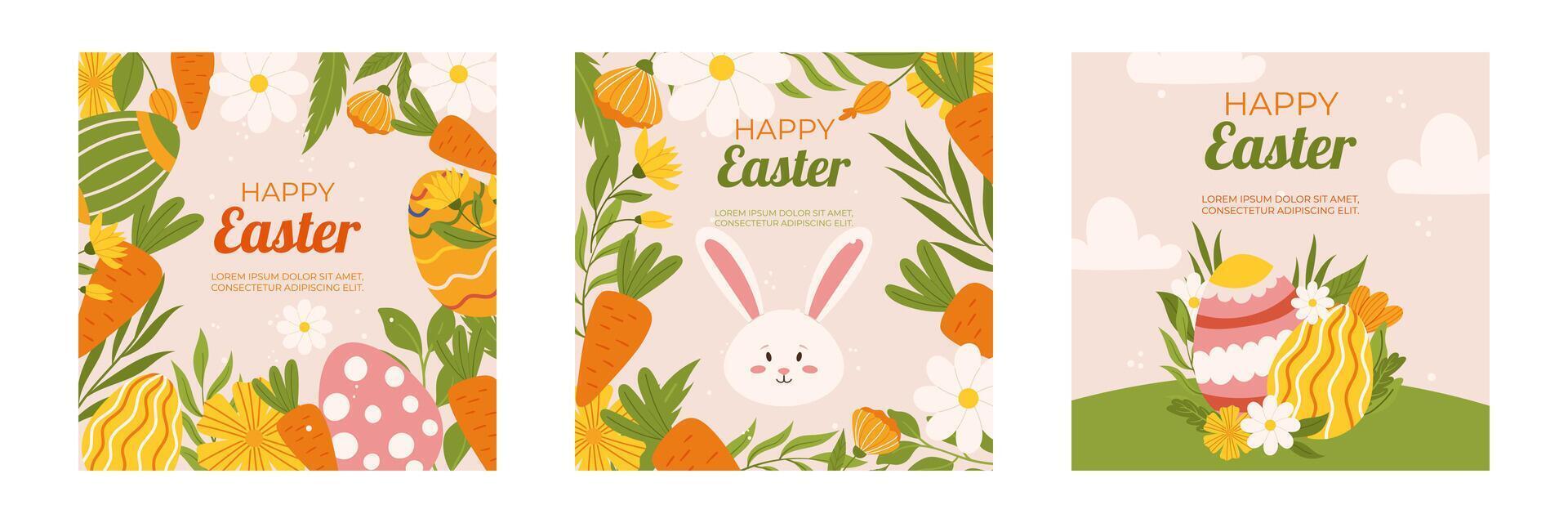 Easter collection of square social media post template. Design with flowers, painted eggs, bunny and carrot. Hand drawn flat vector illustration