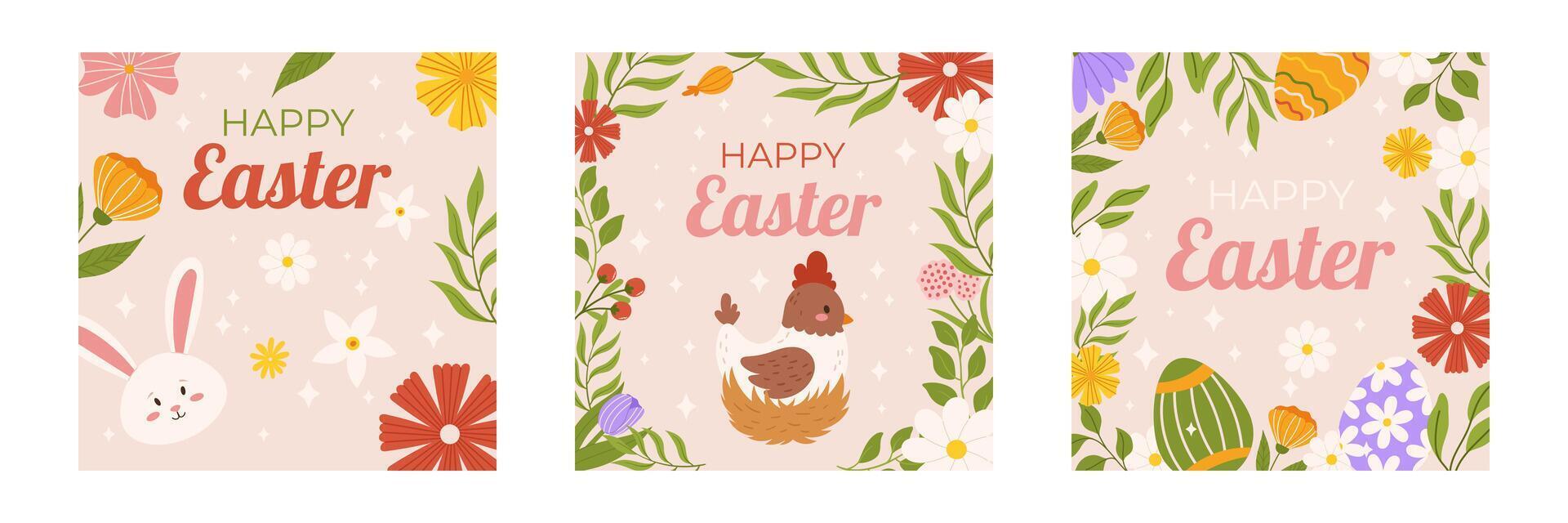 Easter collection of square social media post template. Design with floral frames, painted eggs, bunny and chicken on nest. Hand drawn flat vector illustration