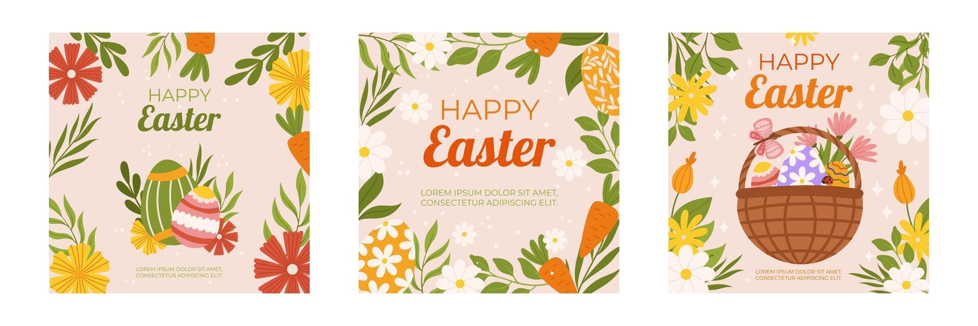 Easter collection of square social media post template. Design with floral frames, painted eggs in basket, carrot. Hand drawn flat vector illustration