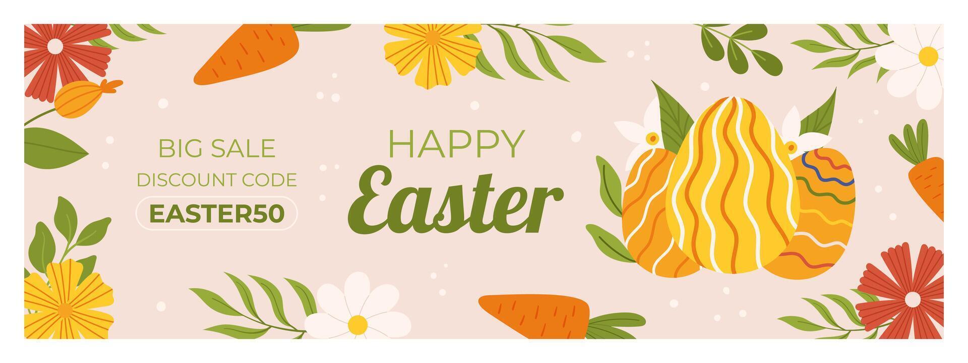 Easter sale horizontal banner template for promotion. Design with three orange painted eggs, flowers and leaves, carrot vector