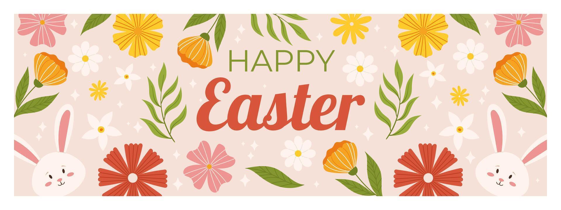 Happy Easter horizontal banner template. Design with cute bunny, flowers and leaves around vector