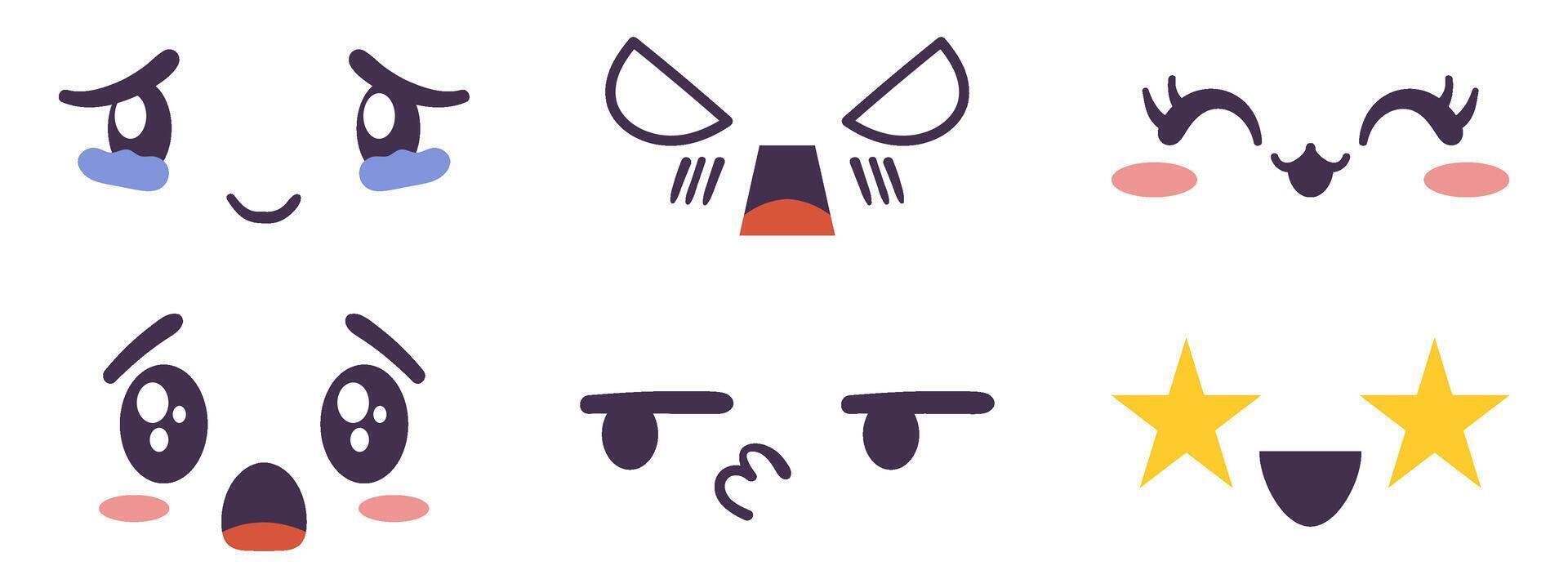 Kawaii face expressing emotion and mood collection. Flat hand drawn vector illustrations set in comic manga or anime style.