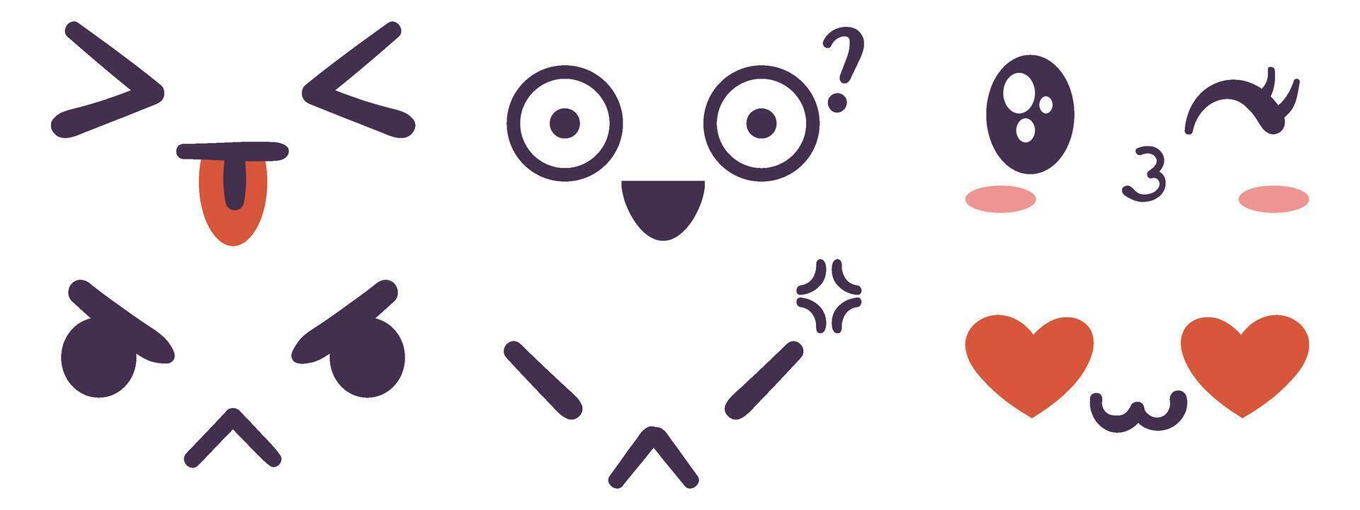 Kawaii face expressing emotion and mood collection. Flat hand drawn vector illustrations set in comic manga or anime style.