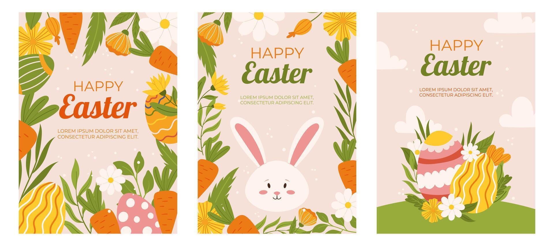 Pascua de Resurrección colección de vertical saludo tarjetas modelo. diseño con flores, pintado huevos, conejito y zanahoria. mano dibujado plano vector ilustración