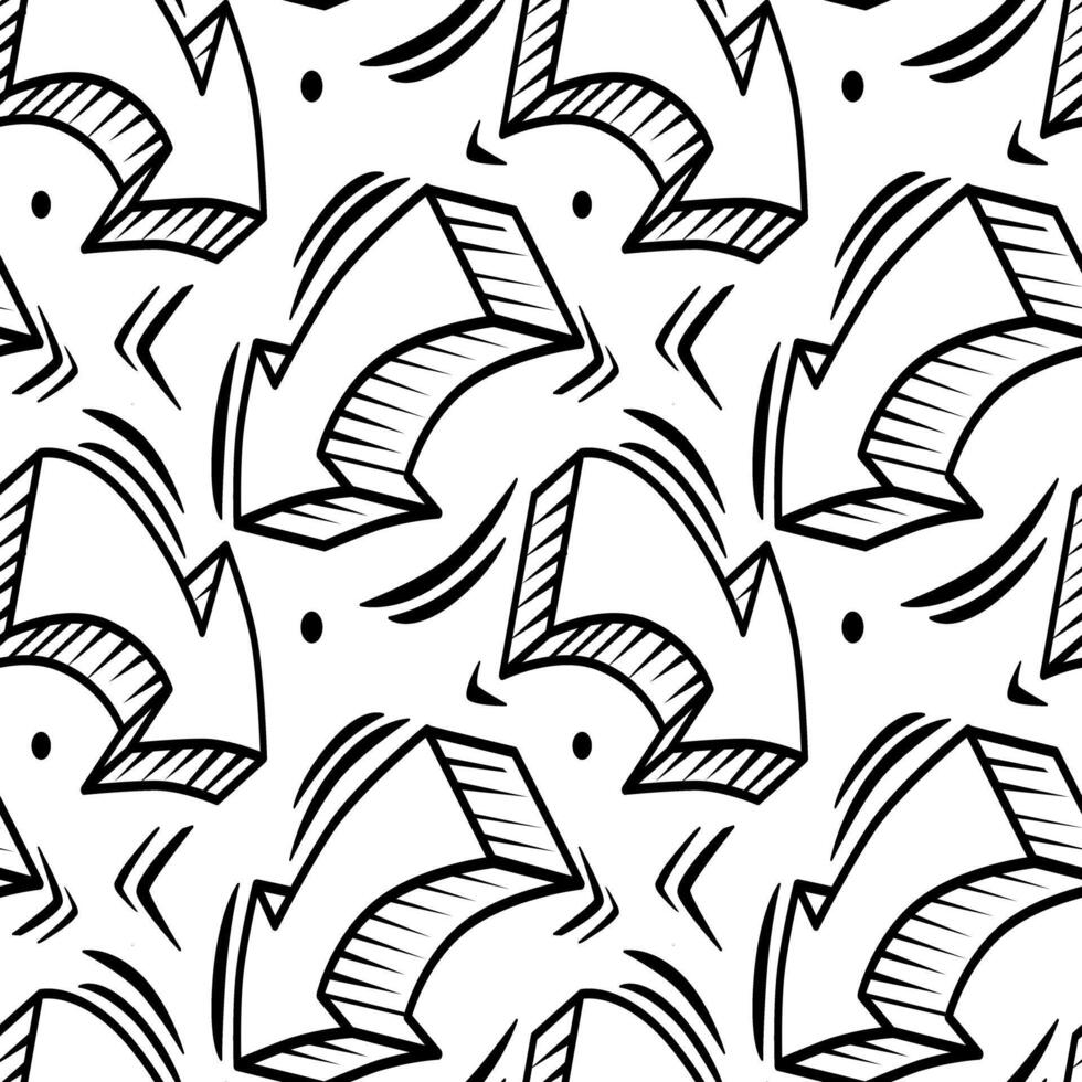 Seamless vector pattern with abstract business arrows. Background of hand drawn 3d geometric curved pointers. Isolated bold doodles for design of kids clothes, dress, fabric, textile, scrapbooking.
