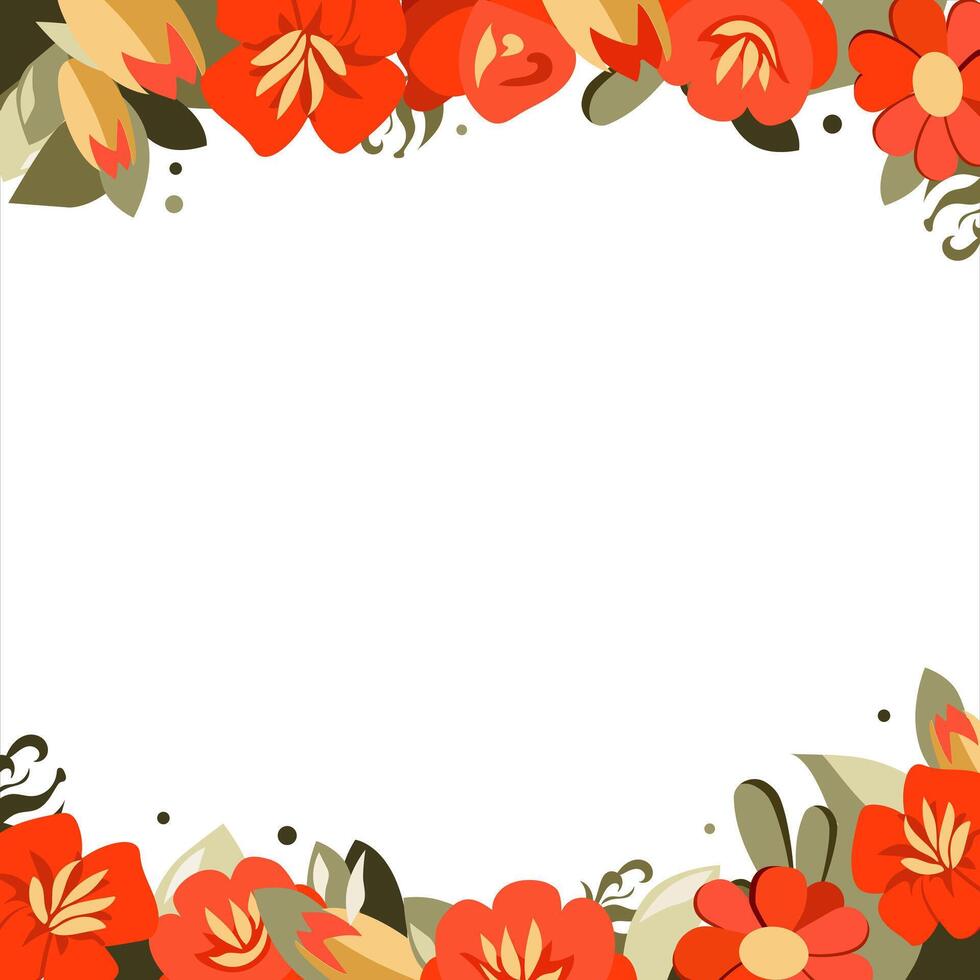 Vector Square frame of hand drawn flowers for words and text. Isolated red orange vignette with tulips and roses for design, comics and flat banners