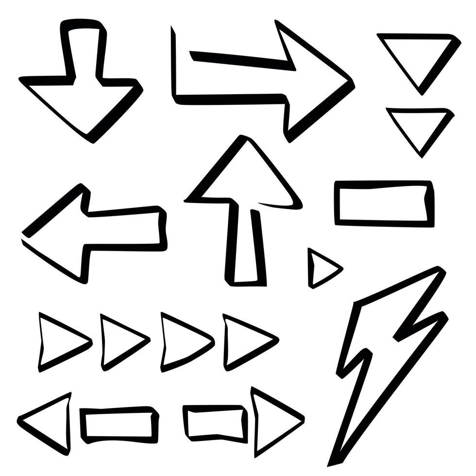 Vector set of abstract curved bold arrows . Hand drawn empty and crooked pointers. Isolated Ink drawn stroke lines elements for design.