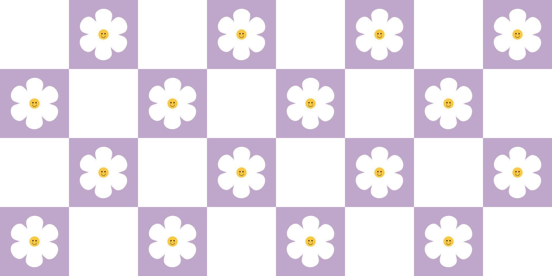 70s Vibes Groovy Checkerboard Seamless Pattern Large Square with Cute Flower In Lilac Mesh. Grid Background, Psychedelic Retro Style. vector