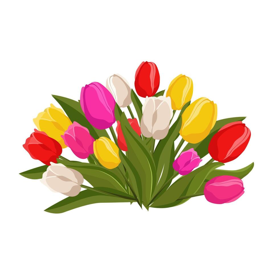 Spring bouquet with pink, red, white and yellow tulips. Vector background template with flowers for design, greeting card, banner, board, flyer, sale, poster