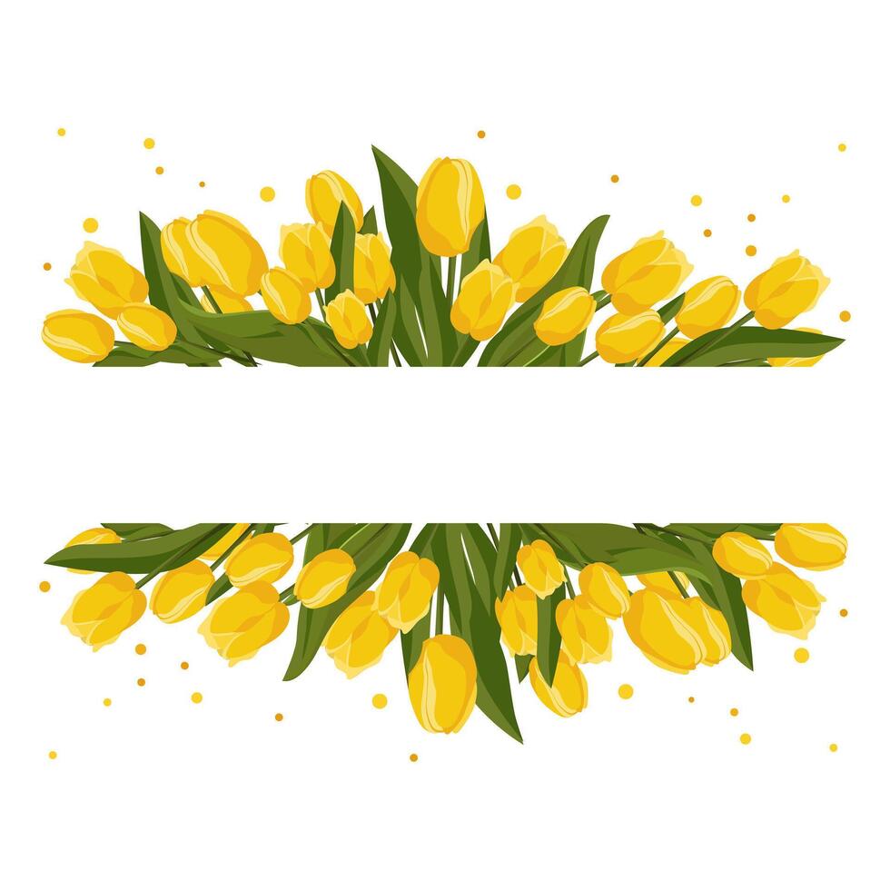 Spring rectangular frame with yellow tulips for words and text. Vector background template with flowers for design, greeting card, banner, board, flyer, sale, poster