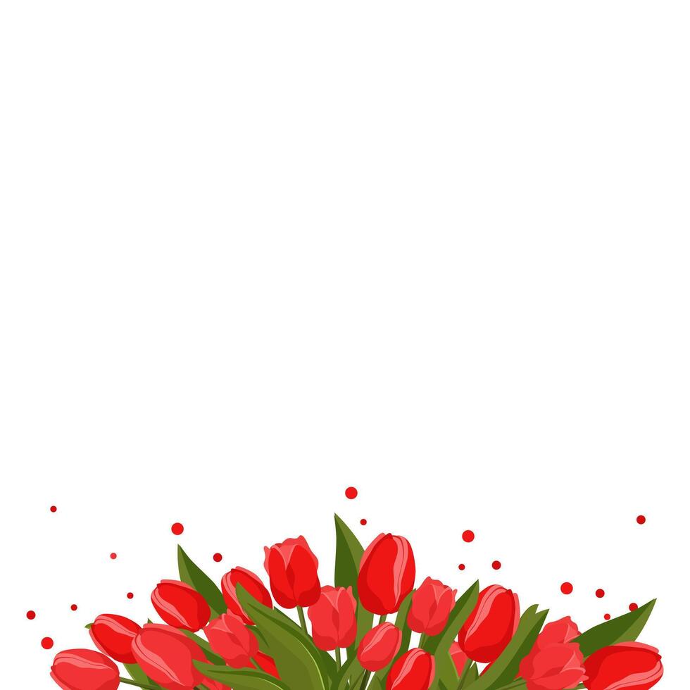 Spring banner with red tulips for words and text. Vector background template with flowers for design, greeting card, frame, board, flyer, sale, poster