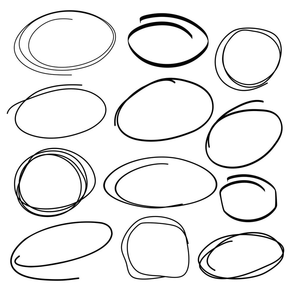 Vector abstract set of line round frames. Black oval doodle sketch. Isolated Ink drawn circle lines elements for design. Speech bubbles for words and text