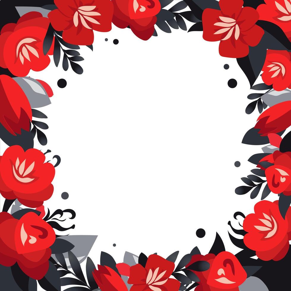 Vector Square frame of hand drawn flowers for words and text. Isolated red black vignette with tulips and roses for design, comics and flat banners