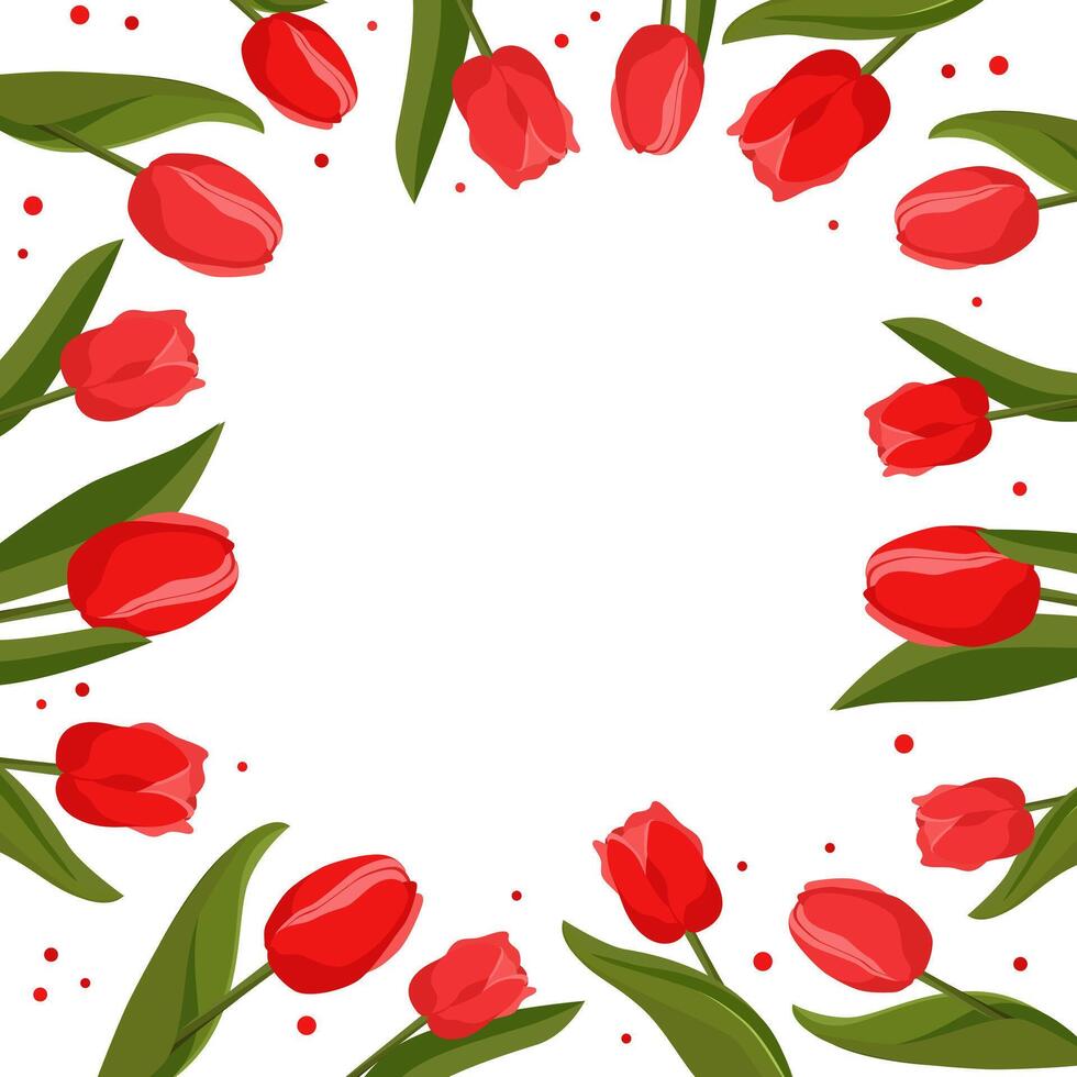 Spring square frame with red tulips for words and text. Vector background template with flowers for design, greeting card, banner, board, flyer, sale, poster