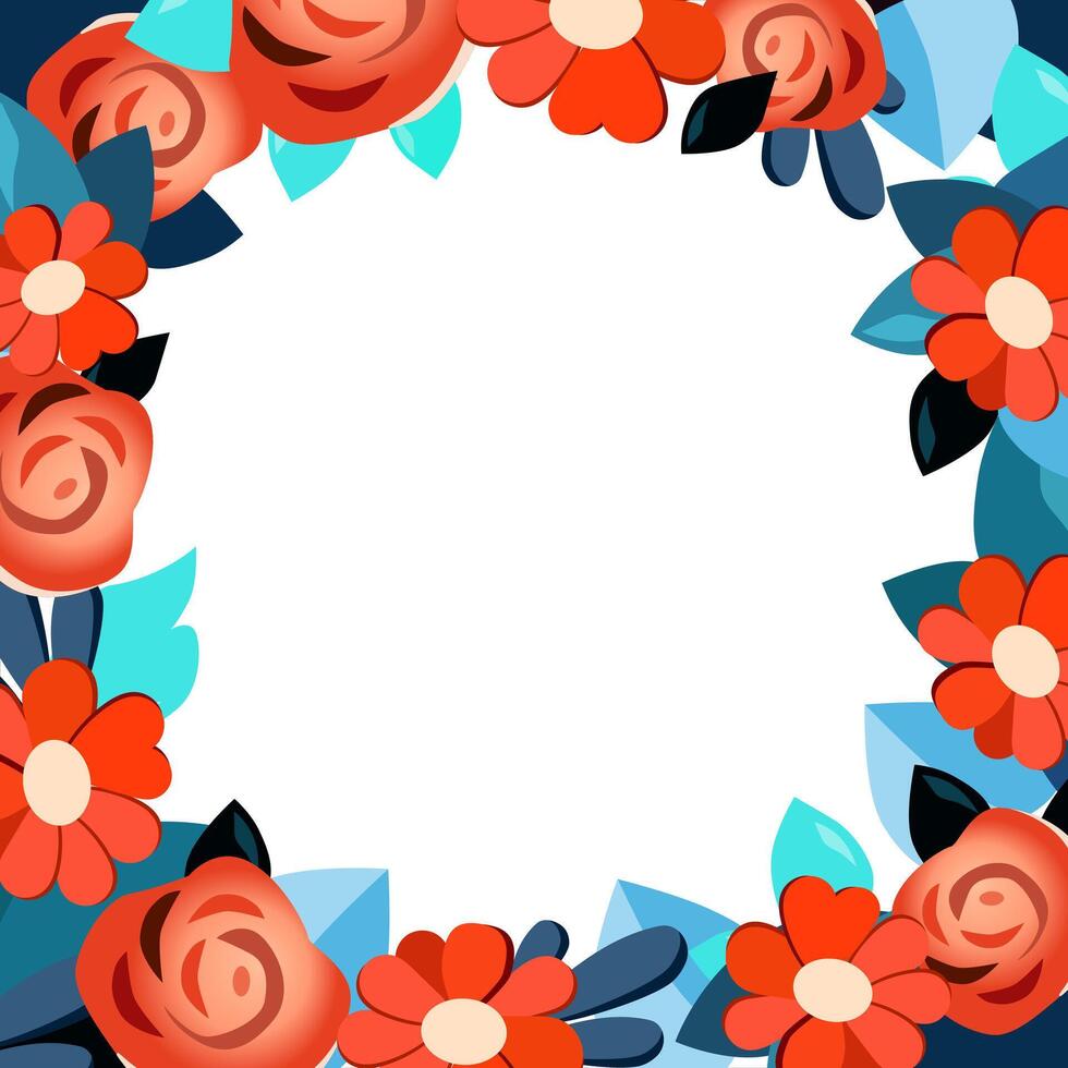 Vector Square frame of hand drawn flowers for words and text. Isolated red blue vignette with chamomile and roses for design, comics and flat banners