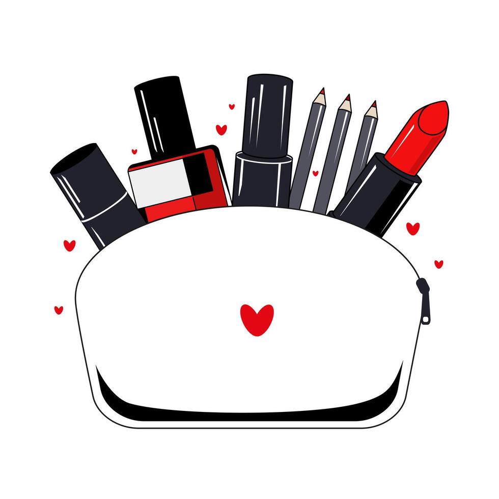 White cosmetic bag with decorative cosmetics on white background. Isolated vector cosmetic illustration side view. Flat design. Drawn makeup icon for design, cards and banner