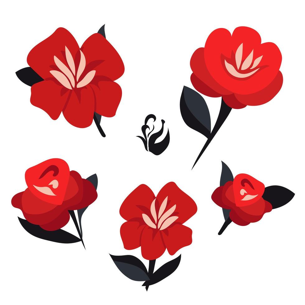 Simple vector handdrawn flowers. Red roses in flat design. Isolated illustration for design of flyer, banner, poster, calendar, greeting card, scrapbooking, kids clothes, textile