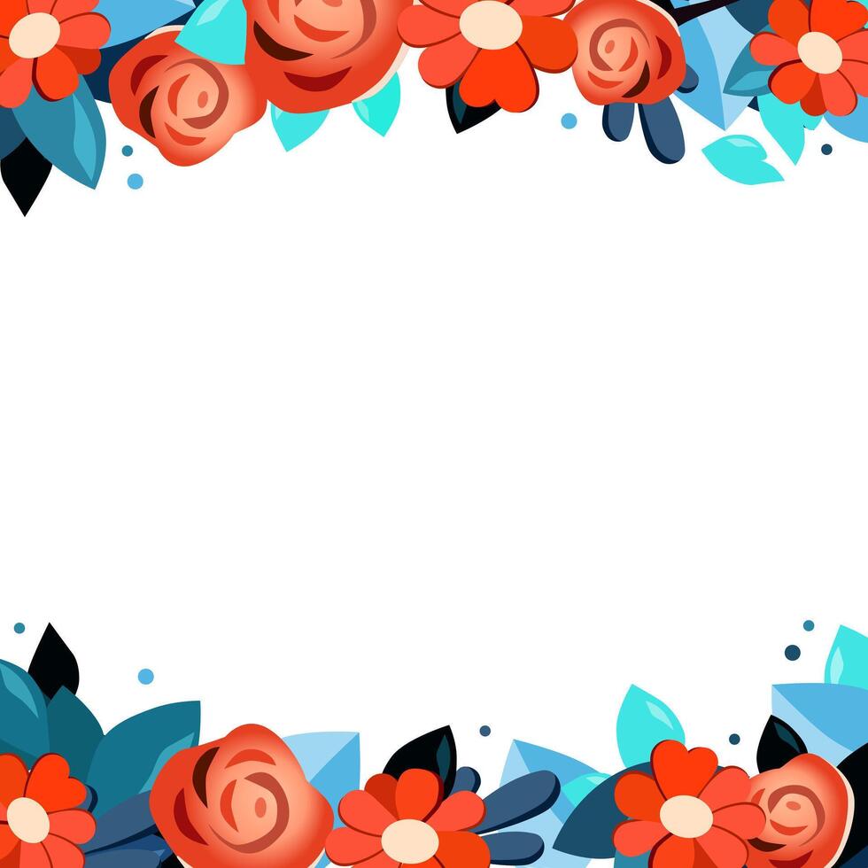 Vector Square frame of hand drawn flowers for words and text. Isolated red blue vignette with chamomile and roses for design, comics and flat banners