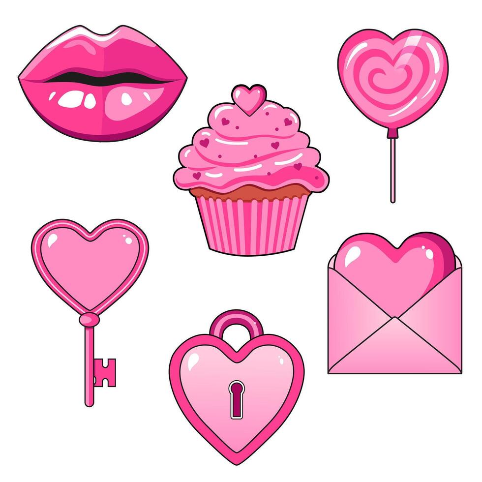 Cute vector set of icons with lollipop, lips, cake, letter and lock for Valentine day. Flat design element collection. Minimalistic illustration for design web banner and greeting card