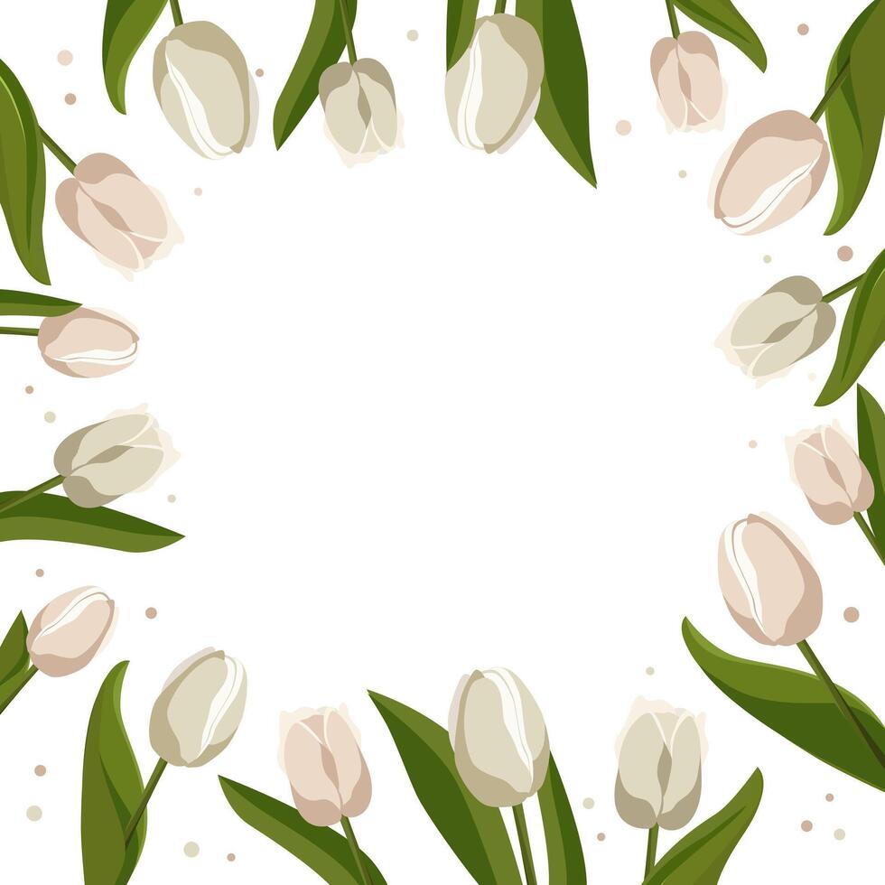 Spring square frame with white tulips for words and text. Vector background template with flowers for design, greeting card, banner, board, flyer, sale, poster