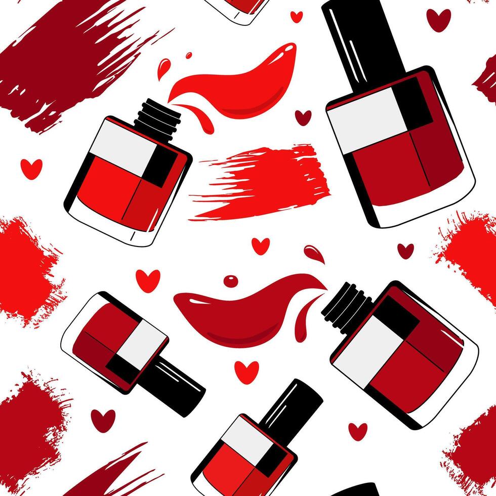 Vector seamless makeup pattern with red nail polish and hearts. Background in flat design with decorative cosmetics for design of kids clothes, dress, fabric, textile, scrapbooking.