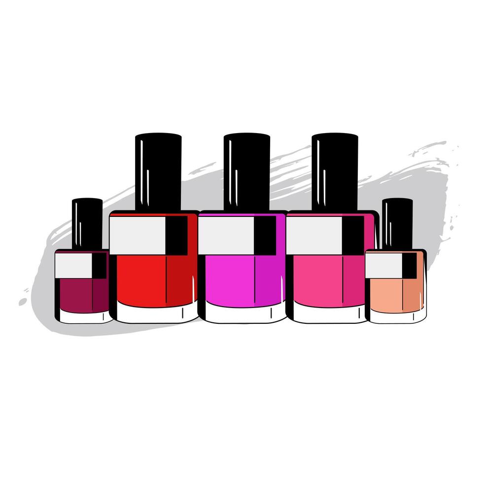 Set of nail polish with spray drops of varnish on white background. Isolated vector cosmetic illustration side view. Flat design. Drawn makeup icon for design, cards and banner