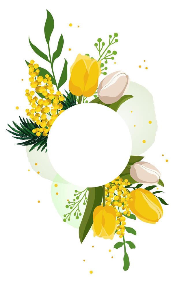 Spring round frame with yellow tulips and mimosa for words and text. Vector background template with flowers for design, greeting card, banner, board, flyer, sale, poster