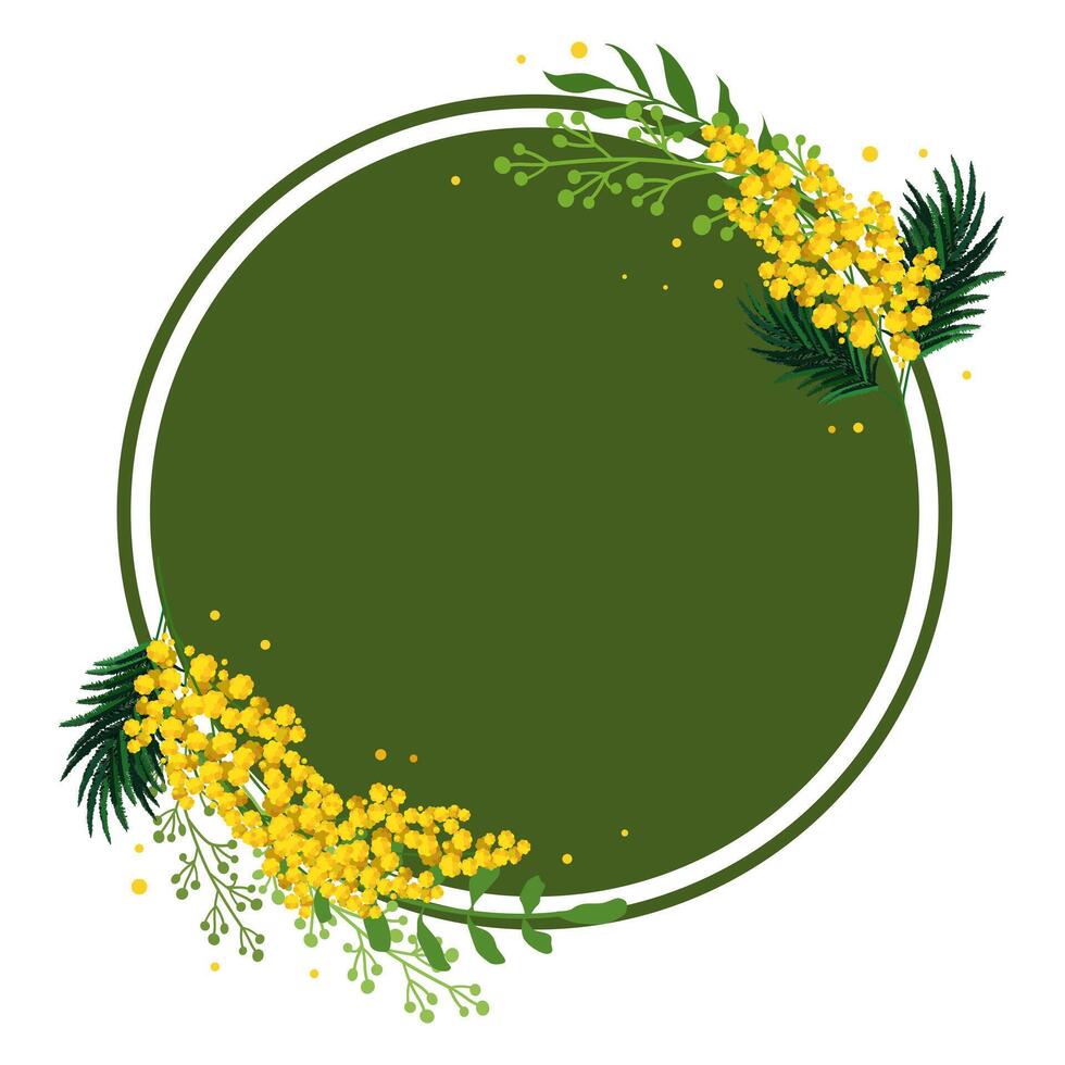 Spring round green frame with yellow tulips and mimosa for words and text. Vector background template with flowers for design, greeting card, banner, board, flyer, sale, poster