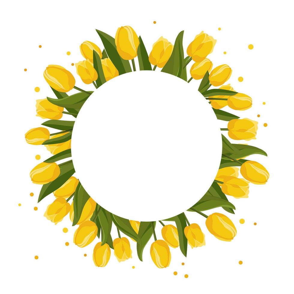 Spring round frame with yellow tulips for words and text. Vector background template with flowers for design, greeting card, banner, board, flyer, sale, poster