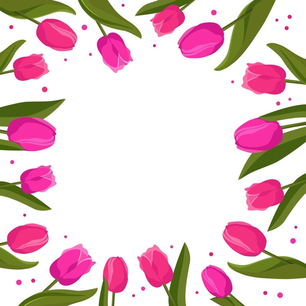 Spring square frame with pink tulips for words and text. Vector background template with flowers for design, greeting card, banner, board, flyer, sale, poster