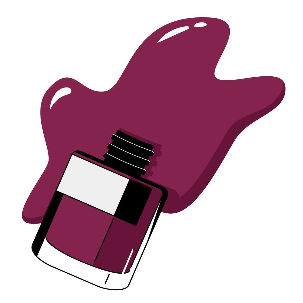 Purple nail polish with spray drops of varnish on white background. Isolated vector cosmetic illustration side view. Flat design. Drawn makeup icon for design, cards and banner