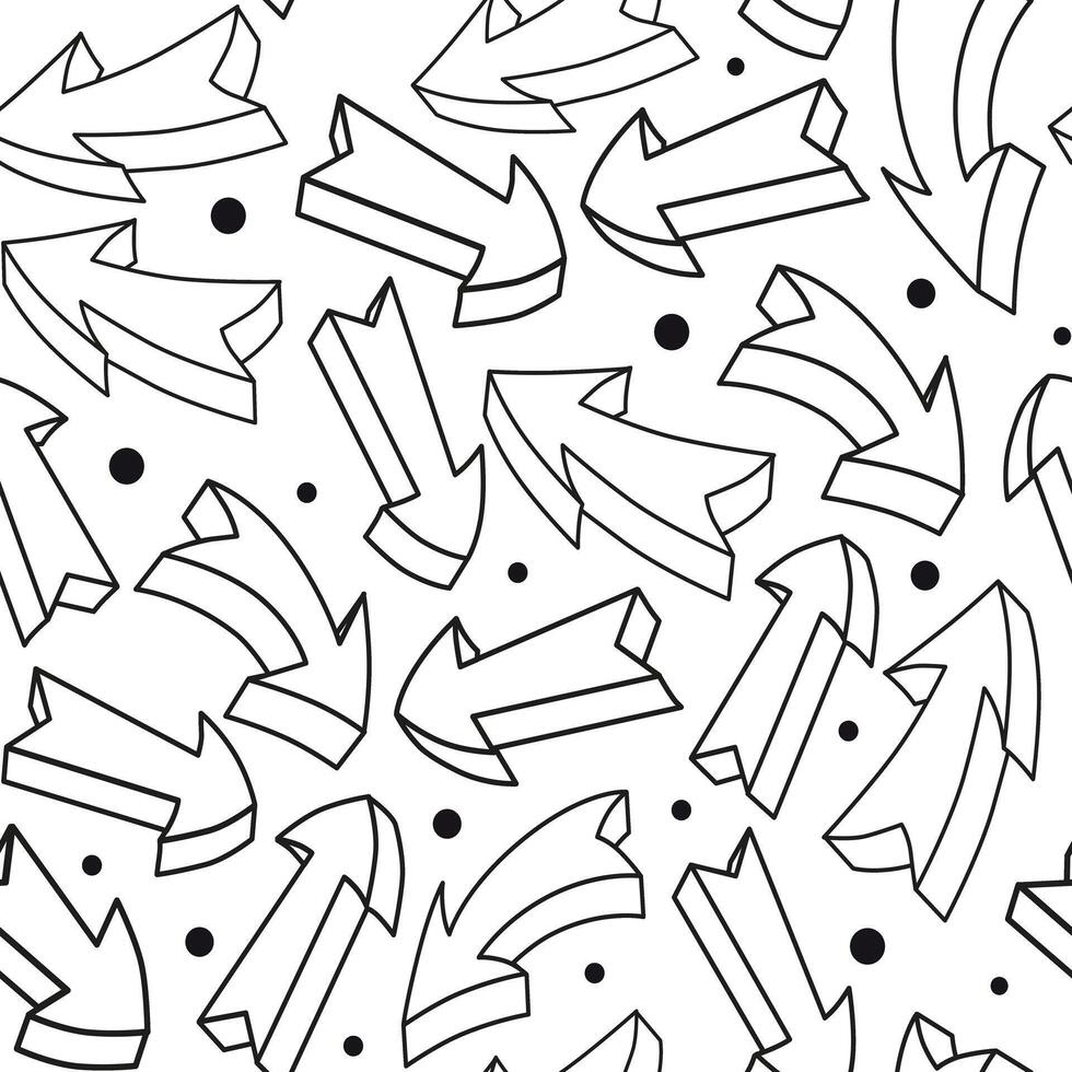 Seamless vector pattern with abstract business arrows. Background of hand drawn 3d geometric curved pointers. Isolated bold doodles for design of kids clothes, dress, fabric, textile, scrapbooking.