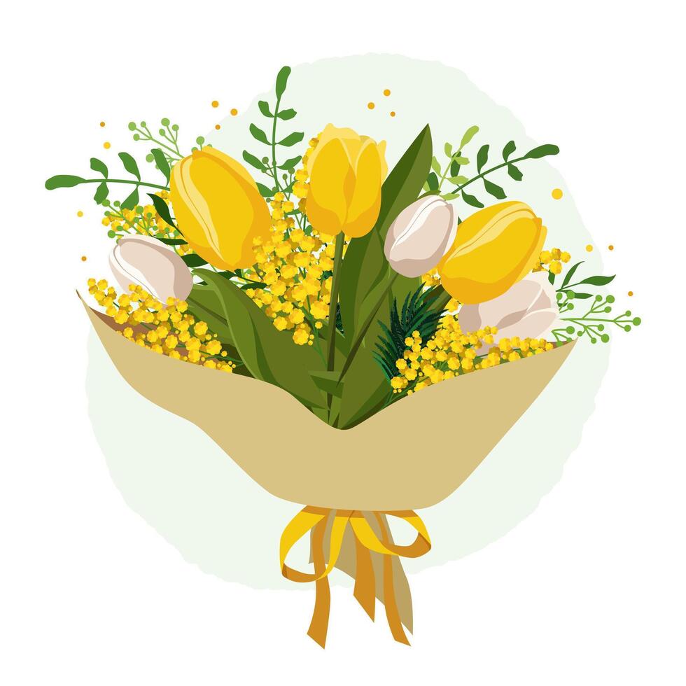 Spring isolated bouquet with yellow tulips and mimosa. Vector flavor with plants for design, greeting card, banner, board, flyer, sale, poster