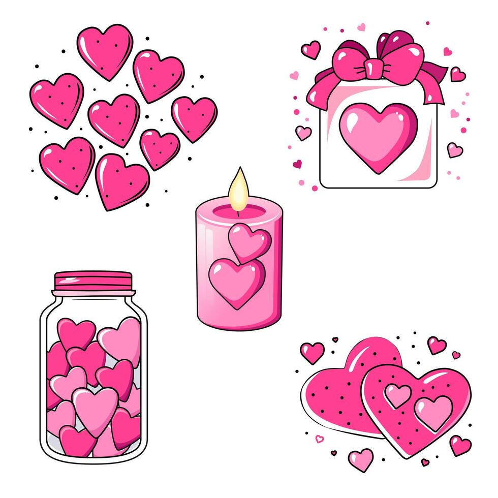 Cute vector set of icons with gift box, candle and jar with hearts for Valentine day. Flat design element collection. Minimalistic illustration for design web banner and greeting card