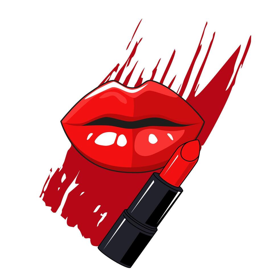 rojo cosmético frotis y lápiz labial con labios en blanco antecedentes. aislado vector cosmético ilustración lado vista. plano diseño. dibujado maquillaje icono para diseño, tarjetas y bandera