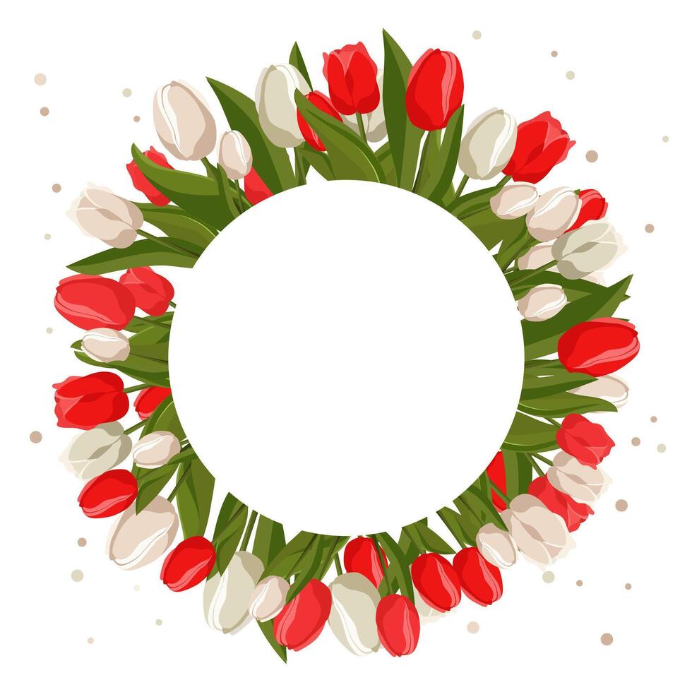 primavera redondo marco con blanco rojo tulipanes para palabras y texto. vector antecedentes modelo con flores para diseño, saludo tarjeta, bandera, junta, volantes, venta, póster