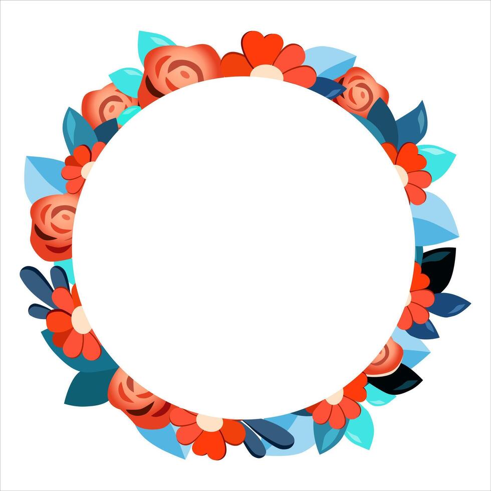 Vector round frame of hand drawn flowers for words and text. Isolated red blue vignette with chamomile and roses for design, comics and flat banners